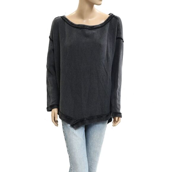 Free People Conrad Pullover Sweatshirt Top Off Shoulder Cotton Black S 283627 - Picture 4 of 8